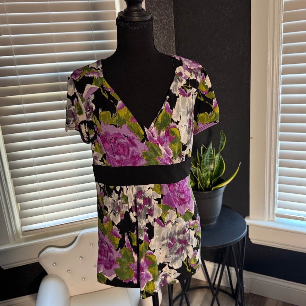 AB Studio Womens Purple Green Floral Empire Waist V-Neck Tunic Top Blouse Size M